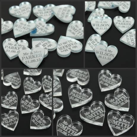 100 pcs Personalized Engraved Mirror / Transparent MR & MRS Surname Love Heart Wedding Table Decor Favors Customized 2 Cm * 2 Cm