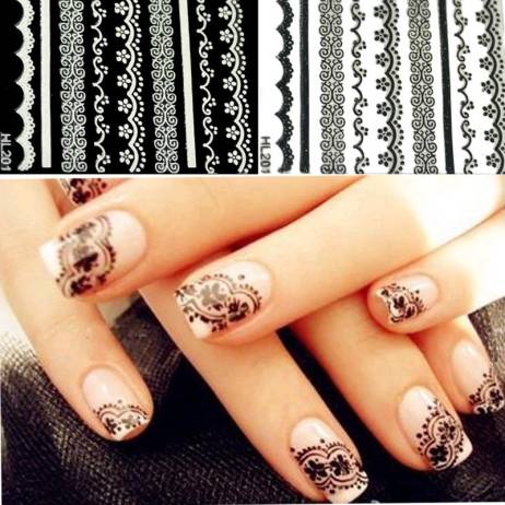 2Pcs/lot 3D Lace Nail Art Design Nail Stickers Black White Transfer Foil Polish French Manicure Transferable Nail Sticker BN012