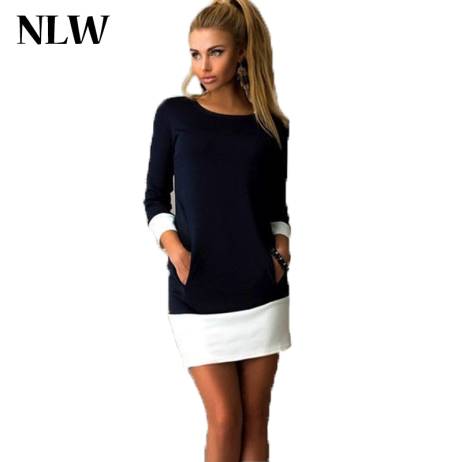 NLW Apparel 2015 Brand New Winter Fashion O-neck Dress Plus Size 3/4 Sleeve with Double Pocket Casual Women Dresses Vestidos