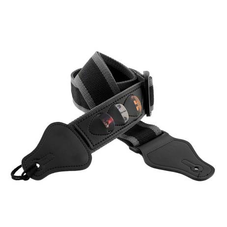 Electric Bass Guitar Strap W/3 Pick Plectrums Holders Leather Ends Multifunction Black Useful Nylon
