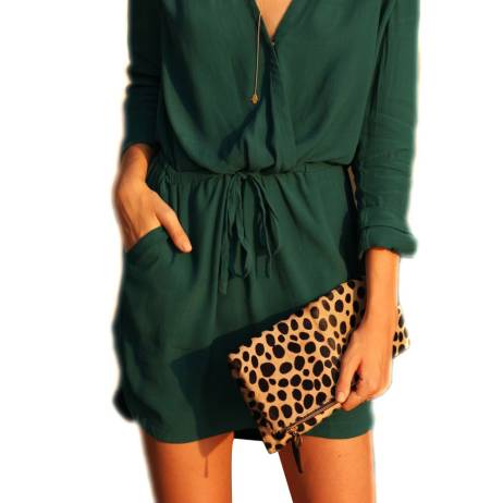 2016 Stylish Women Summer Dress Vestidos Sexy V Neck Long Sleeve Drawstring Pockets Loose Mini Chiffon Dress