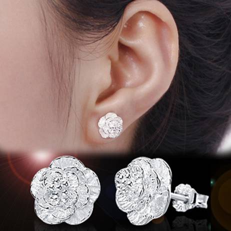 Hot Women Fashion Bijouterie Romantic Cherry Flowers Silver Ear Studs Earrings Lovers Gifts Free Shipping EAR-0423-SV