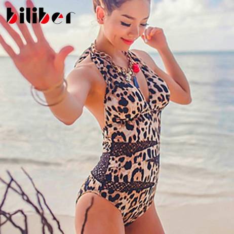 2016 Sexy Leopard One piece Swimsuit Halter Backless Deep V Padded one piece monokini swimsuit For Women Mesh swimwear Mayokini