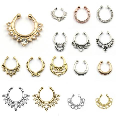 Hot sale crystal fake septum nose ring piercing clip on body jewelry faux hoop nose rings for women BH0015