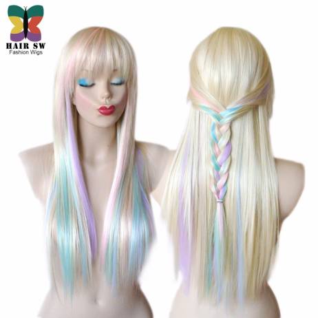 Blonde/Pastel color highlights rainbow wig Fairy princess wig Long straight hair Heat resistant multi colorful wig with bangs