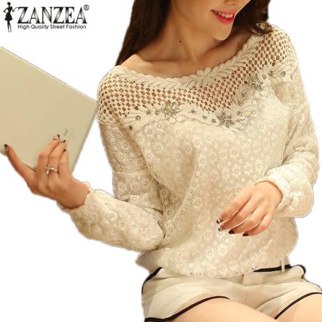 Zanzea 2016 Women Spring Summer Lace Hollow Out Tops Plus Size Shirts Women Clothing White Roupas Blusas Femininas Blouses Shirt
