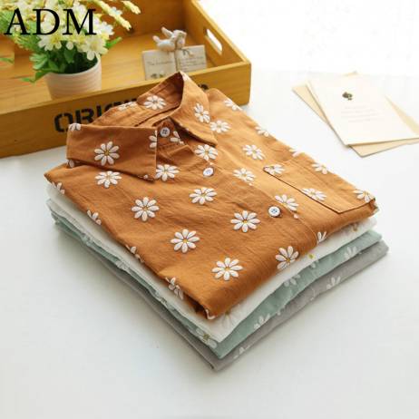 ADM 2016 New Spring Women Shirts Fresh Mori Girl Little Flower Cotton Turndown Collar Women Tops Fashion Blouse Plus Size S-L