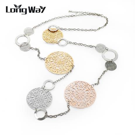 Vintage Long Statement Necklace Real Gold Silver Plated Round Flower Women Necklaces & Pendants Fashion Jewelry SNE150001
