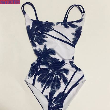 2016 new Sexy halter straps women swimwear Coco palm trees one piece swimsuit Black and white printing women bathing suits D069