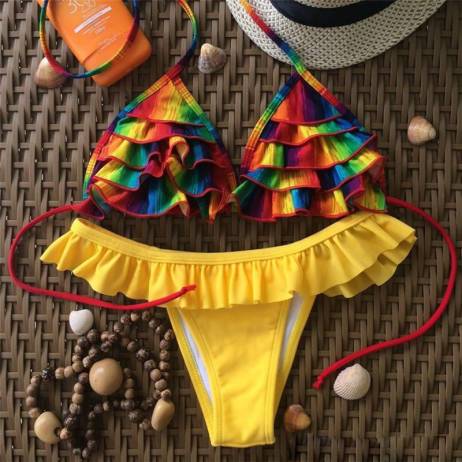 2016 Print Brazilian Retro Bikini Set Floral Halter String Wrapped Swimwear Thong Ruffle Swimsuits Sexy Bathing Suits Biquini