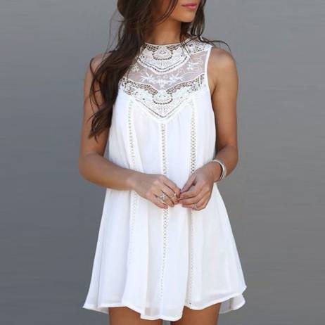 Women Lady Girls Female Designed Summer Casual Loose Sexy Charming Sleeveless Lace Patchwork O Neck Mini Sundress Dress White