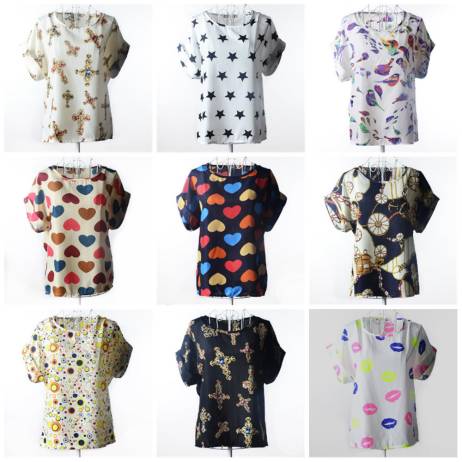 2015 Summer Style short sleeve camiseta feminina Women Colorful Birds Chiffon shirt Batwing Loose Blouse Casual Tops