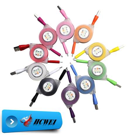 Colorful Retractable LED Light Micro USB Cable with Smile Face Sync Charging Cable Cord Wire For iPhone 6 and Andriod Phone