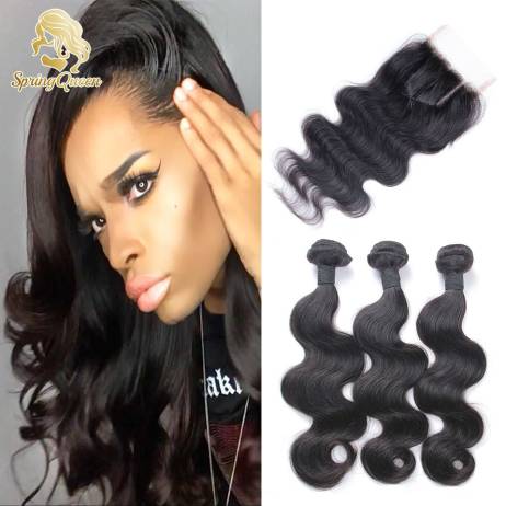 Grade 7A 3PCS Brazilian Virgin Hair With Lace Closure Body Wave,4Pcs/Lot For A Full Head Spring Queen Hair