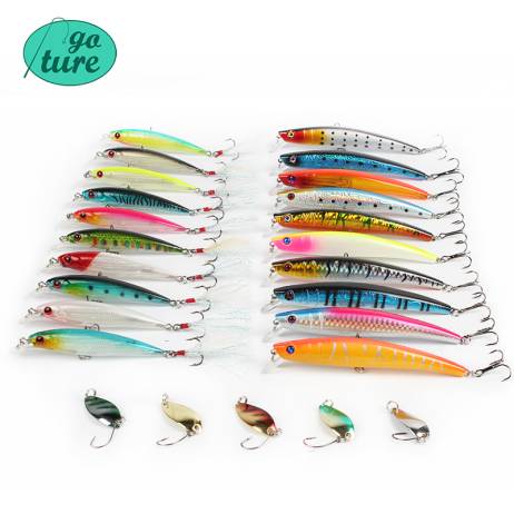 Goture Fishing Lure Set 20 Wobblers 5 Spoon Spinner Bait Multi-color Artificial Bait Minnow Spinners Carp Fishing Tackle