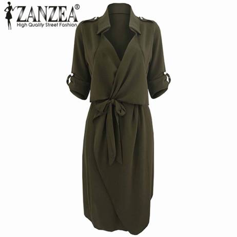 Brand New 2016 ZANZEA Spring Women Dress Solid Long Sleeve Wrapover Long Blusas Dresses Casual Belt Vestidos Plus Size