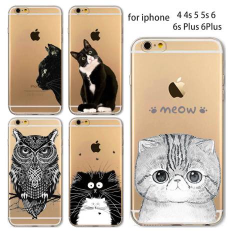 Phone Case For Apple iPhone 4 4S 5 5S 5C 6 6S 6Plus 6s Plus Soft TPU Silicon Transparent Thin Cover Cute Cat Owl Animal Case