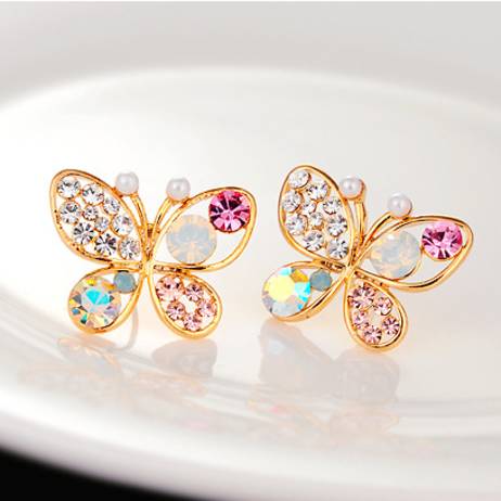 Hollow Colorful Cystal Simulated Pearl Butterfly Stud Earrings Gold Cubic Zirconia Rhinestone Pendientes Women Jewelry Accessory