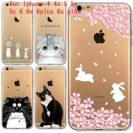 For Apple iPhone 4 4S 5 5S SE 5C 6 6S 6Plus 6s Plus Soft Silicon Transparent Thin Phone Case Cover Cute Cat Rabbit Owl Phone bag