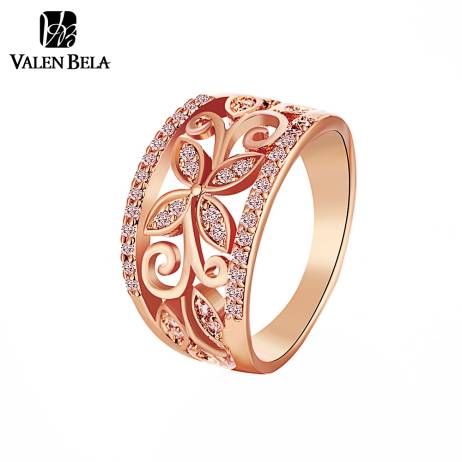 VALEN BELA Rose Gold Flower Cubic Zirconia Ring For Women Size 7,8 Female Gold Plated Ring Jewelry Wholesale JZ5167