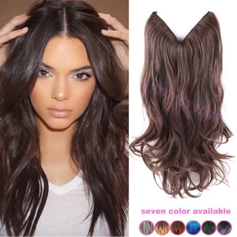 20 inch once piece invisible no clips light brown mixed dark brown synthetic flip in hair extensions long wavy natural wave
