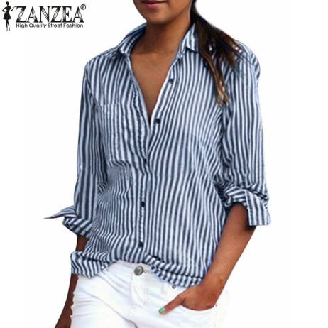 Plus Size XS-5XL 2016 ZANZEA Women Blouses Long Sleeve Lapel Striped Shirt Fashion Loose Casual OL Work Tops Blusas Femininas