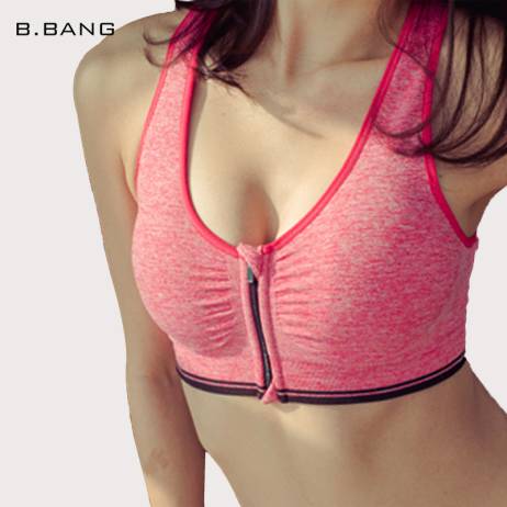 B.BANG Plus Size Women Sports Bra Zipper Front Padded Push Up Shockproof Wirefree Tops Gym Fitness Running sujetador deportivo