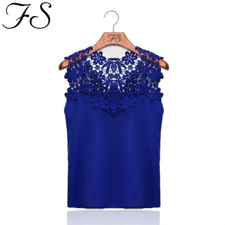FanShou Free Shipping 2014 Women Blouses Sleeveless Summer Chiffon Shirt Women Floral Lace Shirt Patchwork Chiffon Blouse Blusas