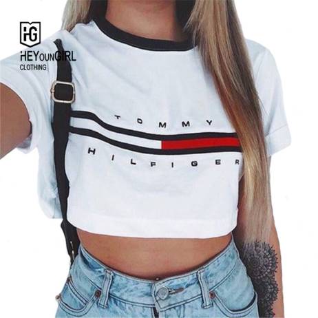 HEYounGIRL 2016 New summer Sport t shirt women crop top Flag brand letters print t shirts short sleeve tops for women
