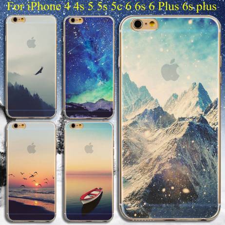 Back Cover For Apple iPhone 4 4s 5 5s 5C 6 6s 6 Plus 6s plus Mountain Boat Landscape Soft Silicon Transparent TPU phone case