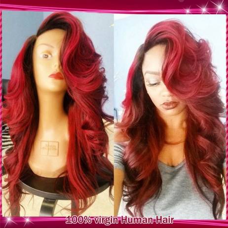 2015 Black/Red Two Tone Ombre U Part Wig Glueless Lace Front Human Hair Wigs/Brazilian Virgin Full Lace Wigs With Bleached Knots