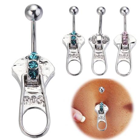 1Pc Body Piercing Navel Belly Button Ring Bar Rhinestone Zipper Style 316L Surgical Steel 14G Belly Ring