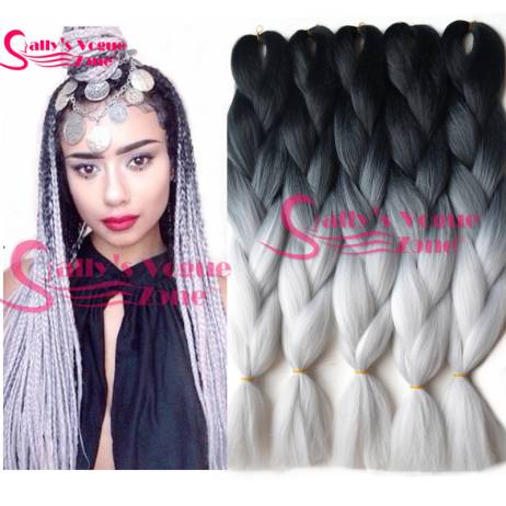 Ombre Kanekalon Braiding Hair Synthetic Braiding Hair Yaki Straight Black+Silver Grey 24