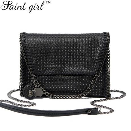 Saint Girl Ladies Shoulder Bag Handbag Messenger Satchels Metal Chain Casual Black PU Rivet Bag With Skull Metal SNS065