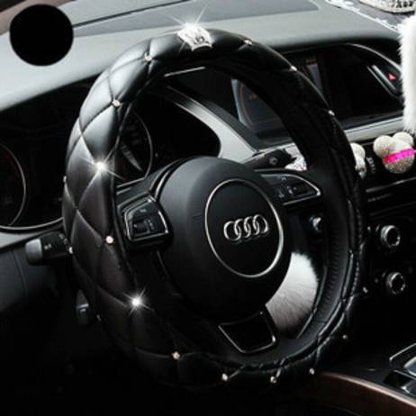 Cystal Crown Car Steering Wheel Cover For Girls Leather DAD JP Diamond Steering Covers Four Seasons Black Pink Car Styling