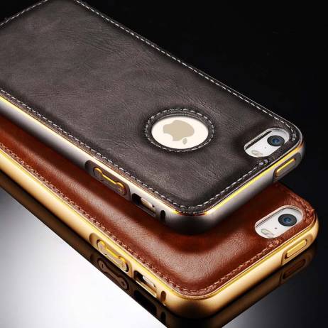Vintage Back Case For iPhone 5 / 5S Luxury PU Leather Cover + Aluminum Metal Bumper Hard Coque For Apple Brand Fundas Black Gold