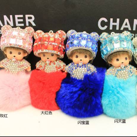 New pattern Meng Kiki Key buckle Kiki diamond female Hang bag Rex Rabbit Fur Ball Pendant gift Key Ring