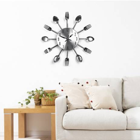 Modern Sliver Cutlery Kitchen Utensil Clock Spoon Fork Creative Mirror Wall Stickers Home Decor Mechanism New Pegatinas De Pared