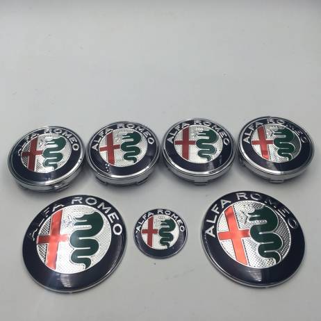 7pcs Alfa Romeo New Logo 74mm Hood Trunk Emblem+ Steering Wheel Badge+ 60mm Wheel Hub Center Caps