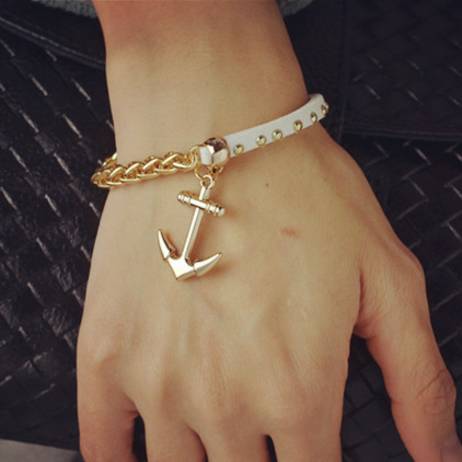 Wholesale New Fashion 18K gold filled leather rope chain anchor charm bracelets Valentine's Day gift for women B3217