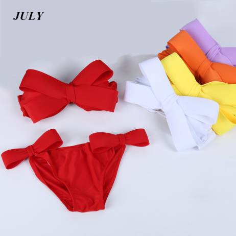 Women Black Sexy Swim Wear Solid Swimwear Brazilian Bikini Big Bow Bandeau Beach Wear Halter Swimsuit Push Up Bathing Suit