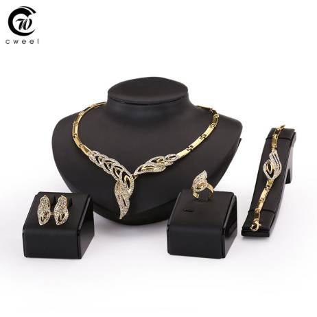 Gold Plated Fine Jewelry Set For Women Beads Collar Necklace Earrings Bracelet Rings Sets Costume Latest Fashion Accessories