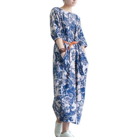 Casual Dress 2015 Spring Summer Style Women Blue White Porcelain Robe Vintage Print Long Loose Cotton Linen Women Maxi Dress