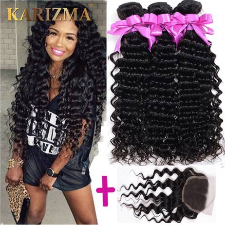 7A brazilian deep wave with closure 4 bundles with closure virgin hair bundle deals 7a brazilian curly virgin hair with closure