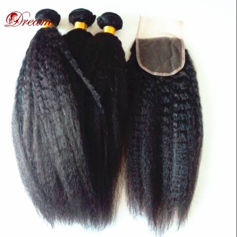 grade 7A Virgin Malaysian Kinky Straight Hair weft With Closure, Coarse Yaki Hair, 3 pcs hair weft With Closure FREE SHIPPING