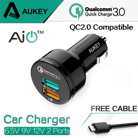 AUKEY For Qualcomm Quick Charger 3.0 9V 12V 2 Ports Mini USB Car Charger for iPhone 6s iPad Samsung HTC Xiaomi QC2.0 Compatible
