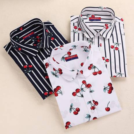 New Floral Blouse Cherry Turn Down Collar White Shirt Blusa Feminina Long Sleeve Vintage Ladies Blouses Womens Tops Fashion 2015