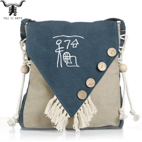 Meiyi B25-2 Brand Women Girls Canvas Crossbody Bag Buttons Beads Tassels Hand-Painted Shoulder Bag Vintage Satchel Bags