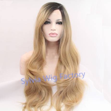 wholesale Premium blonde ombre wig dark root long natural body wave wigs Brazilian Hair synthetic lace front wig heat resistant