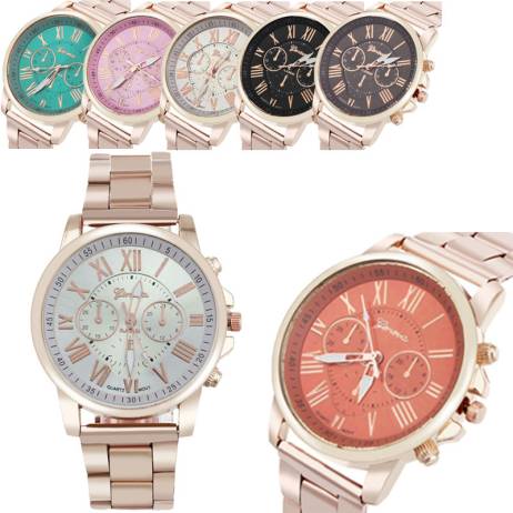 2016 Free shipping New Geneva Women Dress Steel strap Watch crystal rose golden men casual unisex Quartz wristwatches W407